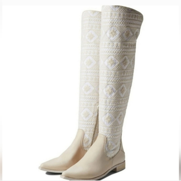 NEW free people bren textile slouch boot ivory off white knee high embroidered - Picture 3 of 8